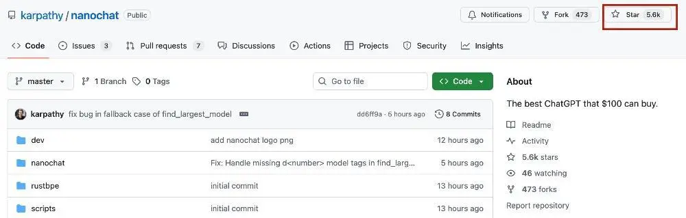 nanochat Github主頁（來源：Github）
