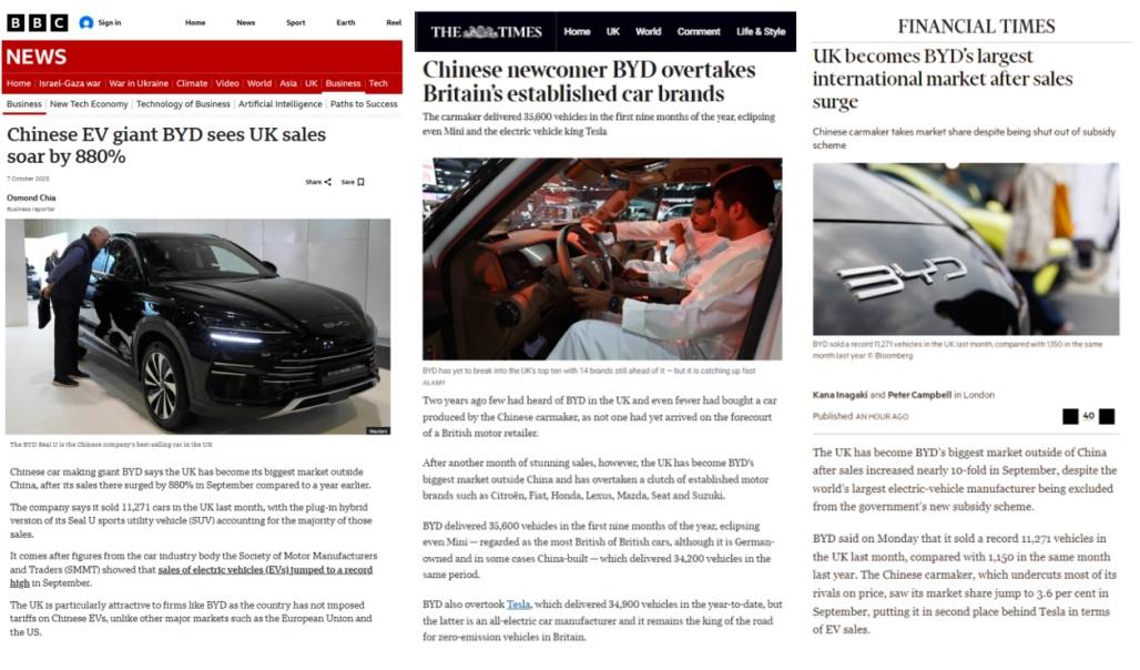 2025年1-9月比亞迪英國銷量同比增長576.9%,再超特斯拉